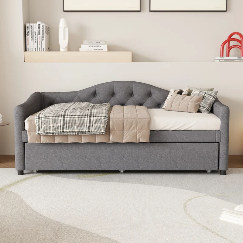 Letto da giorno con letto estraibile 90x200 cm in lino grigio; divano letto singolo