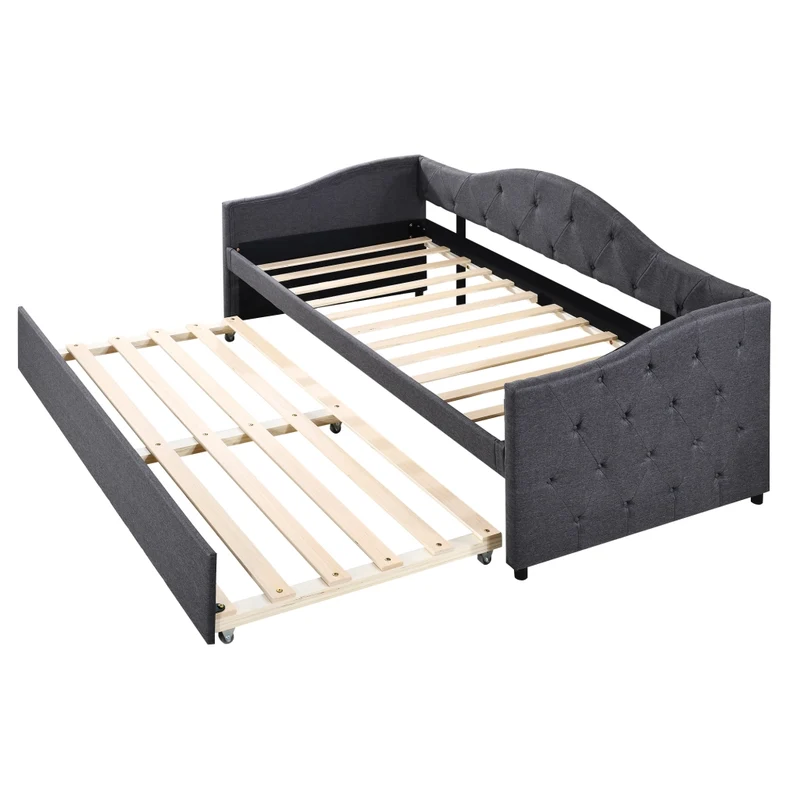 Letto da giorno con letto estraibile 90x200 cm in lino grigio; divano letto singolo