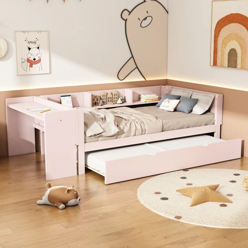 Letto per bambini 90x200 cm rosa con letto estraibile 90x180 cm e scrivania