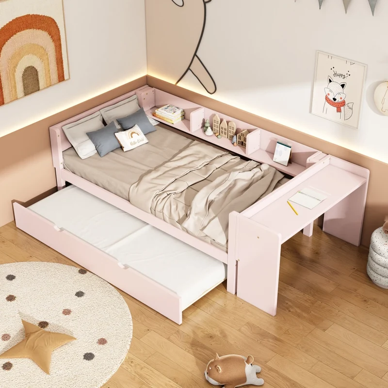 Letto per bambini 90x200 cm rosa con letto estraibile 90x180 cm e scrivania