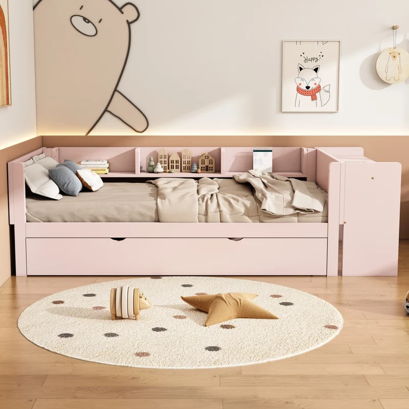 Letto per bambini 90x200 cm rosa con letto estraibile 90x180 cm e scrivania