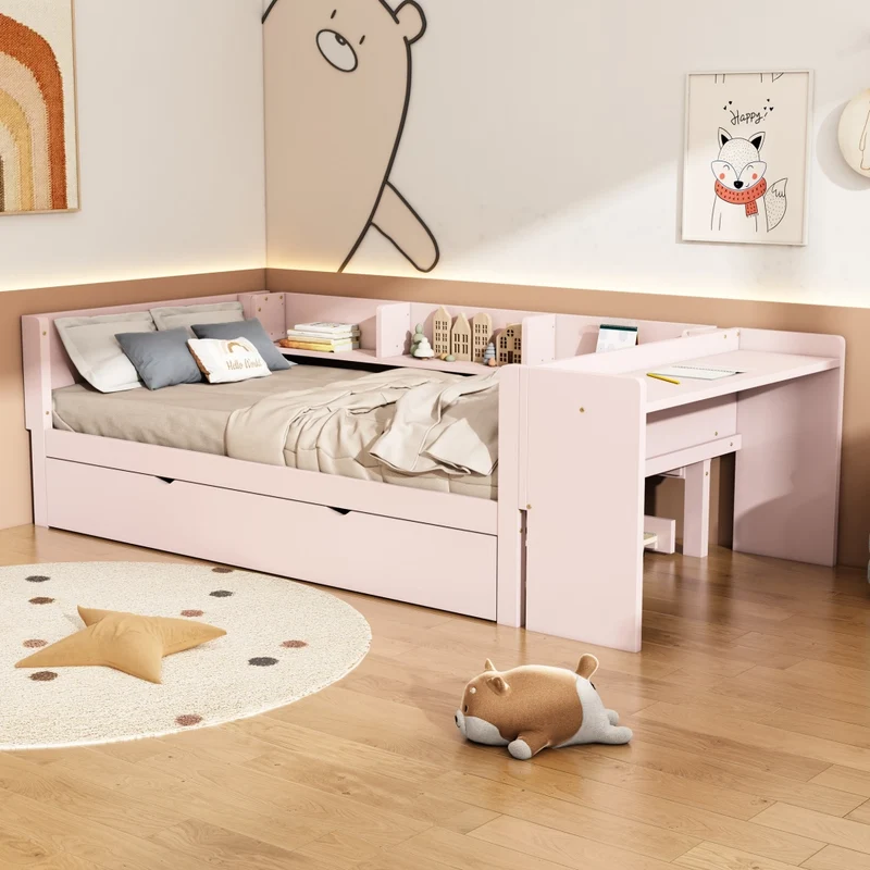 Letto per bambini 90x200 cm rosa con letto estraibile 90x180 cm e scrivania