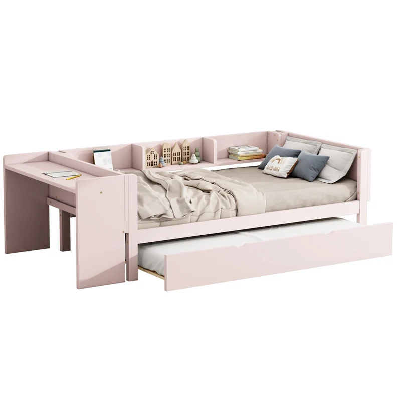 Letto per bambini 90x200 cm rosa con letto estraibile 90x180 cm e scrivania
