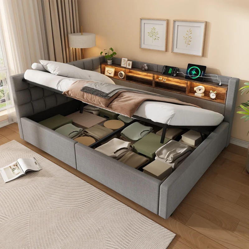 Letto contenitore 140x200 cm grigio con testiera; mensole; LED dimmerabile e presa USB