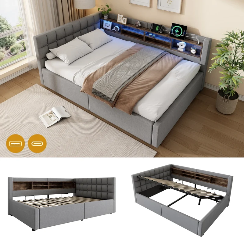 Letto contenitore 140x200 cm grigio con testiera; mensole; LED dimmerabile e presa USB