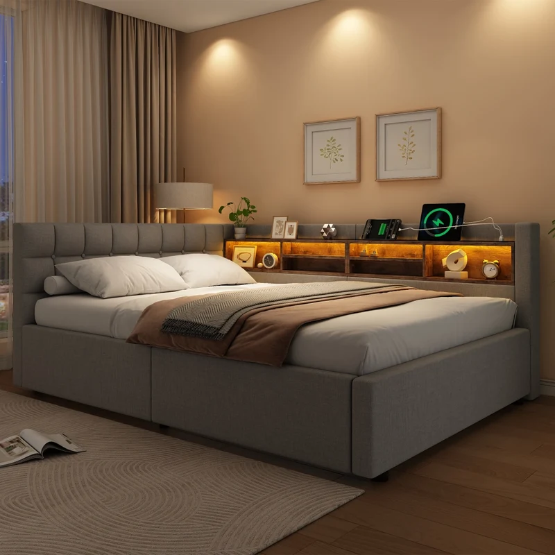 Letto contenitore 140x200 cm grigio con testiera; mensole; LED dimmerabile e presa USB