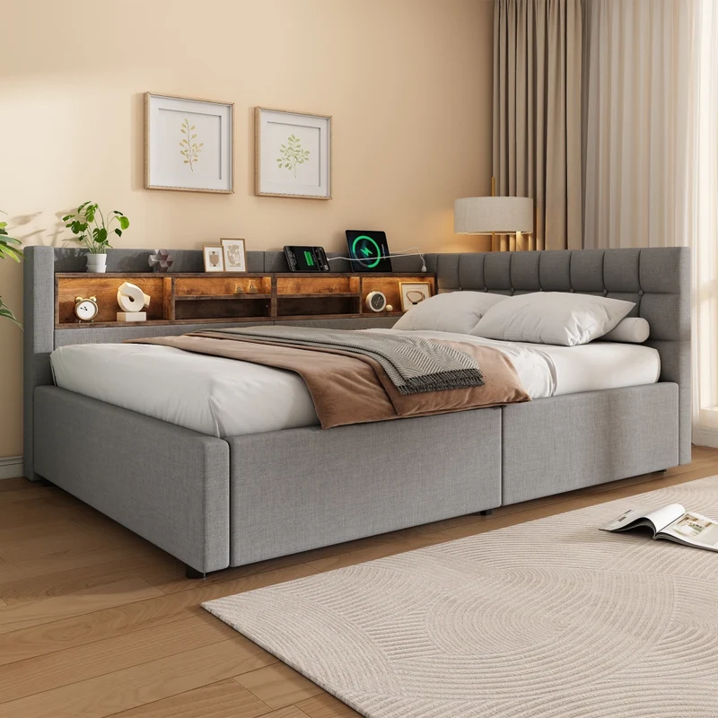 Letto contenitore 140x200 cm grigio con testiera; mensole; LED dimmerabile e presa USB