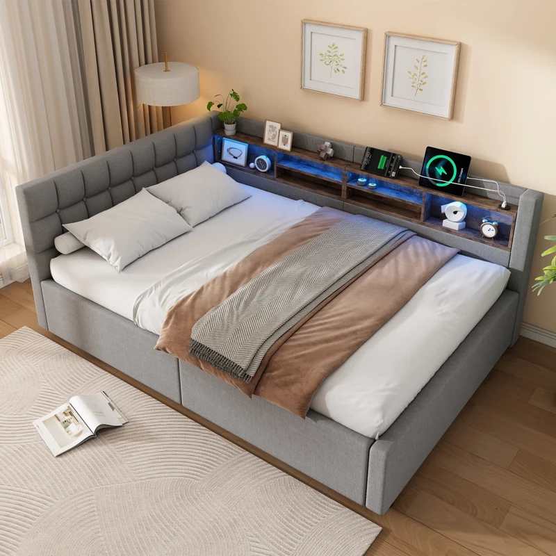 Letto contenitore 140x200 cm grigio con testiera; mensole; LED dimmerabile e presa USB