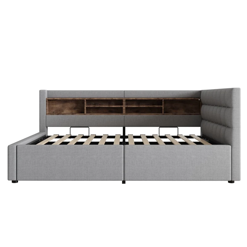 Letto contenitore 140x200 cm grigio con testiera; mensole; LED dimmerabile e presa USB