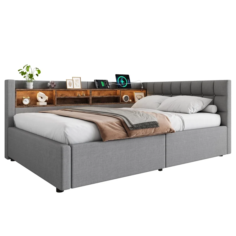 Letto contenitore 140x200 cm grigio con testiera; mensole; LED dimmerabile e presa USB