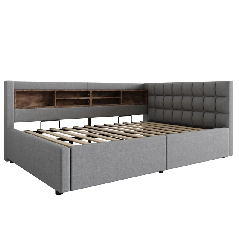 Letto contenitore 140x200 cm grigio con testiera; mensole; LED dimmerabile e presa USB