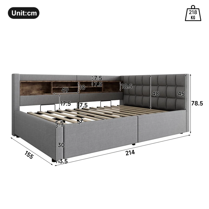 Letto contenitore 140x200 cm grigio con testiera; mensole; LED dimmerabile e presa USB