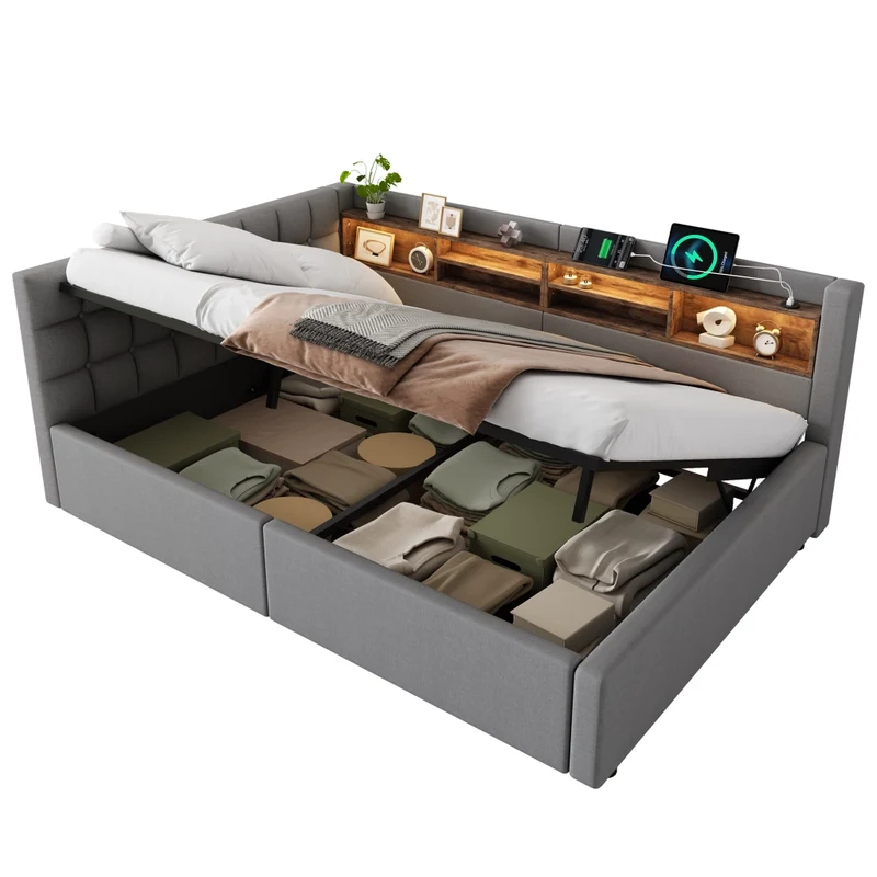 Letto contenitore 140x200 cm grigio con testiera; mensole; LED dimmerabile e presa USB