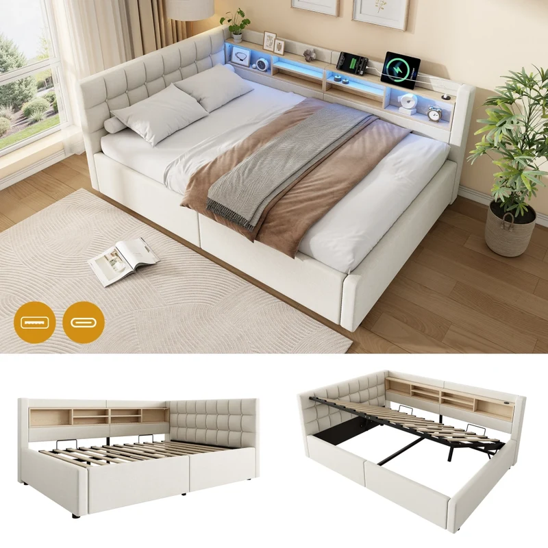 Letto beige 140x200 cm con contenitore idraulico; luci LED dimmerabili e mensole laterali