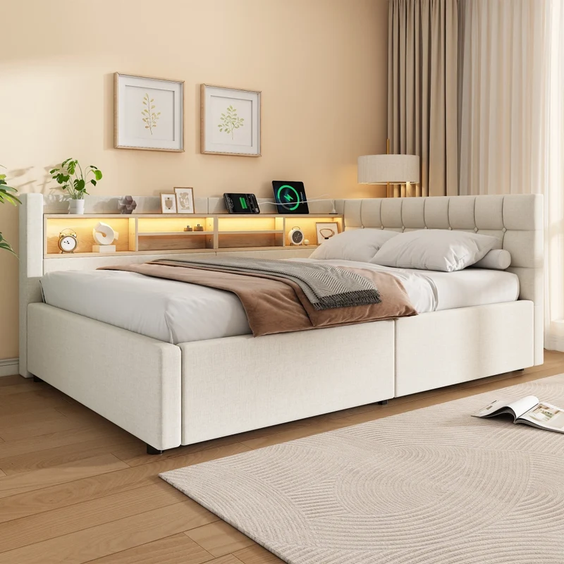 Letto beige 140x200 cm con contenitore idraulico; luci LED dimmerabili e mensole laterali