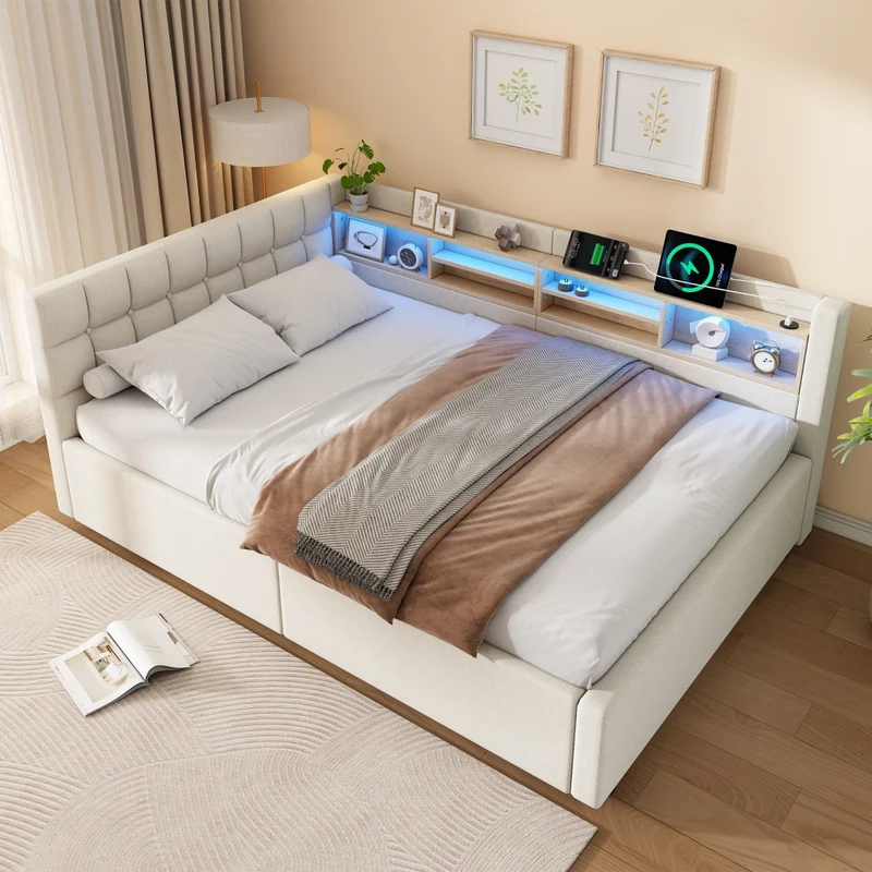 Letto beige 140x200 cm con contenitore idraulico; luci LED dimmerabili e mensole laterali