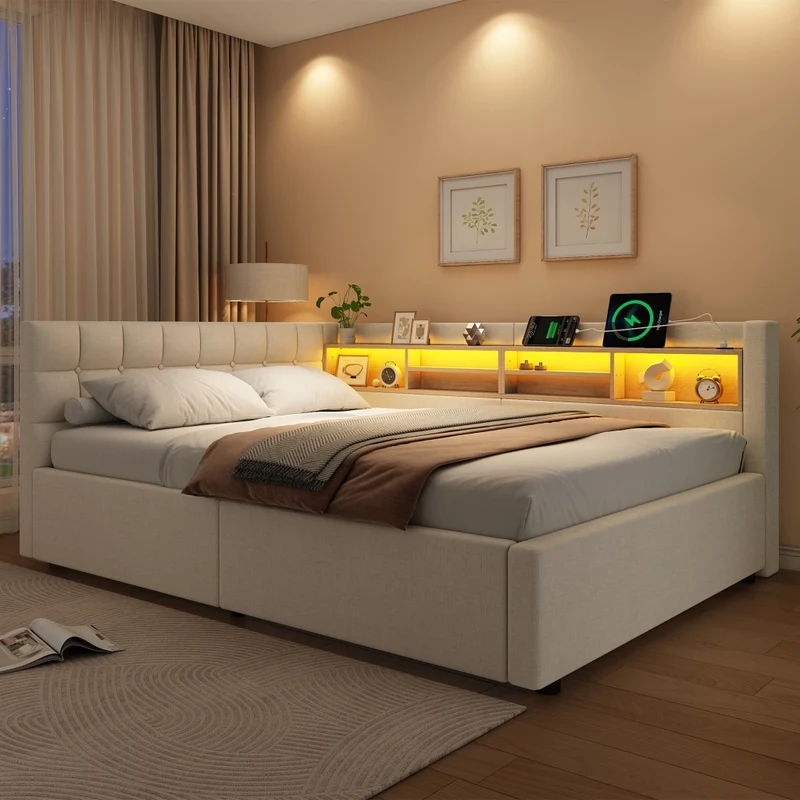 Letto beige 140x200 cm con contenitore idraulico; luci LED dimmerabili e mensole laterali