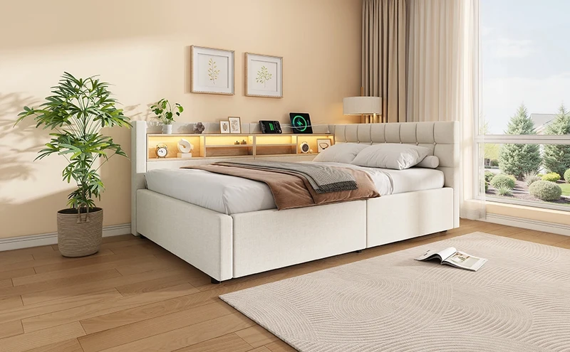 Letto beige 140x200 cm con contenitore idraulico; luci LED dimmerabili e mensole laterali