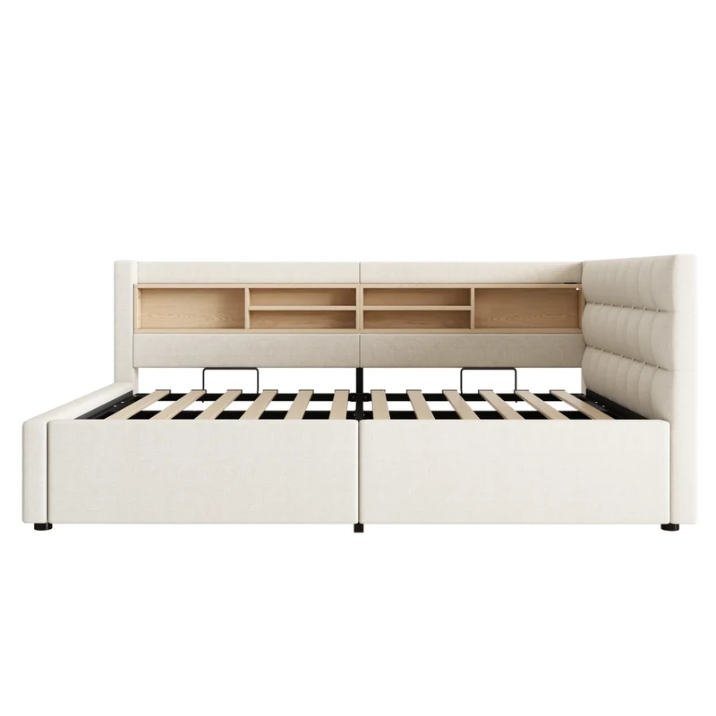 Letto beige 140x200 cm con contenitore idraulico; luci LED dimmerabili e mensole laterali