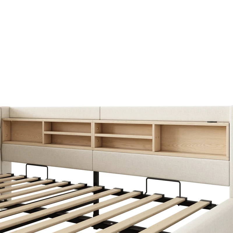 Letto beige 140x200 cm con contenitore idraulico; luci LED dimmerabili e mensole laterali