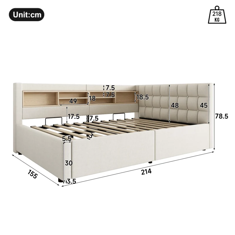 Letto beige 140x200 cm con contenitore idraulico; luci LED dimmerabili e mensole laterali