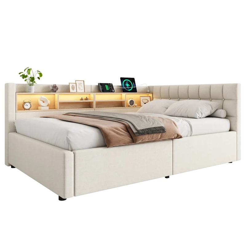 Letto beige 140x200 cm con contenitore idraulico; luci LED dimmerabili e mensole laterali