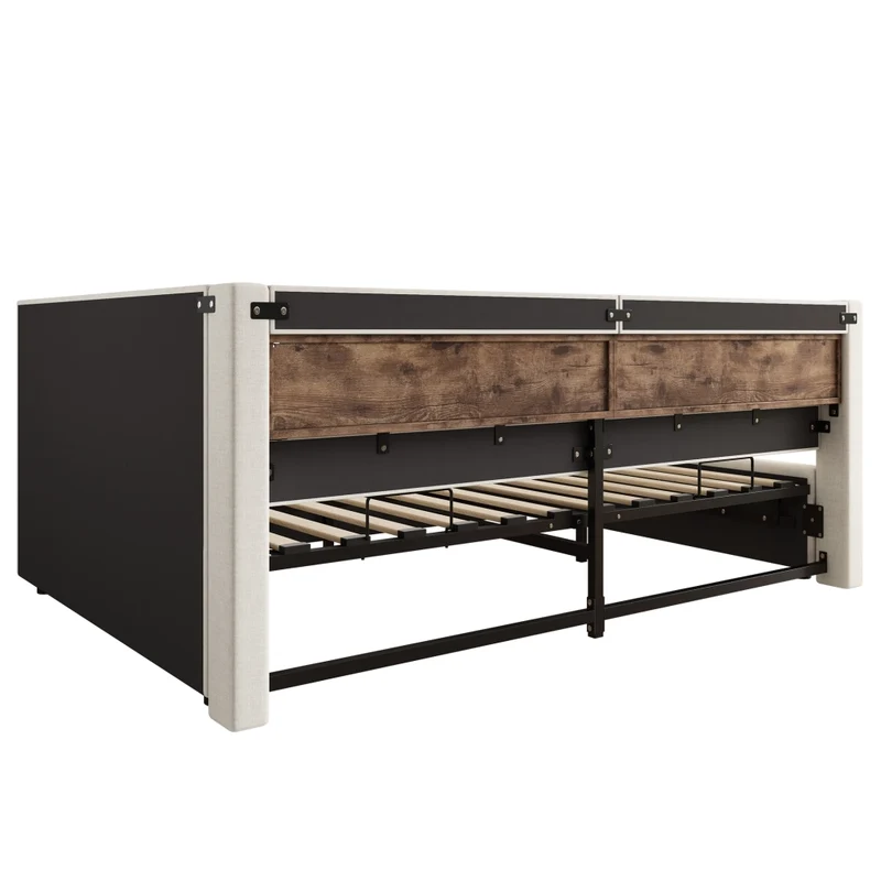 Letto beige 140x200 cm con contenitore idraulico; luci LED dimmerabili e mensole laterali