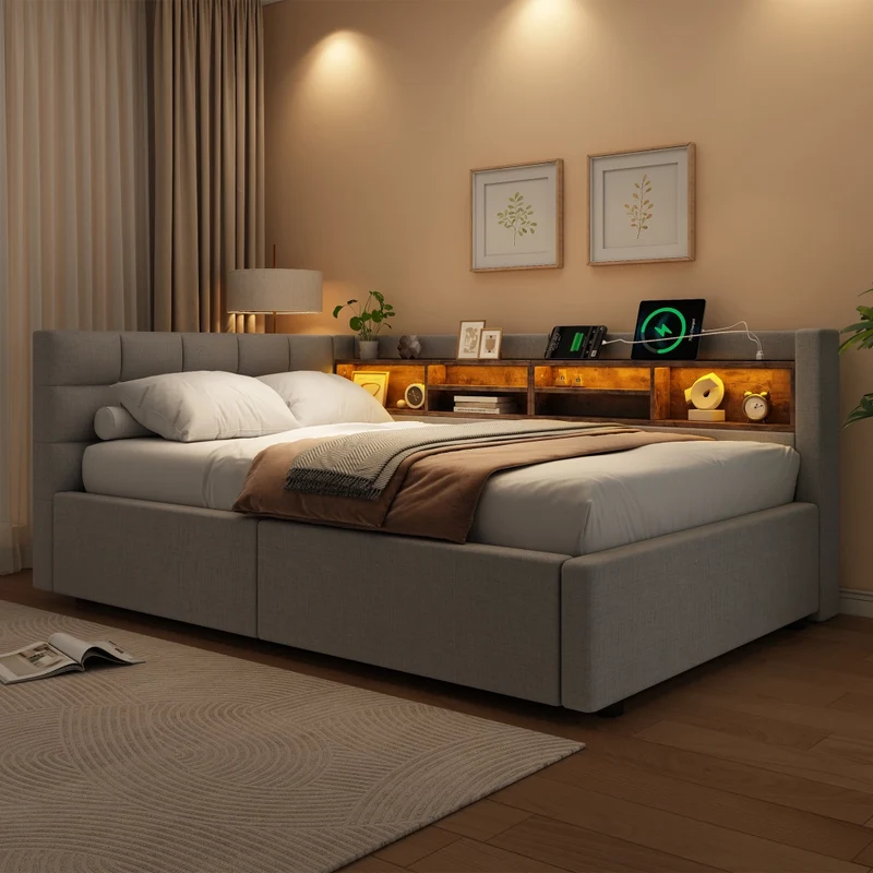Letto singolo 90x200 cm contenitore con apertura idraulica; LED dimmerabile e mensole; grigio