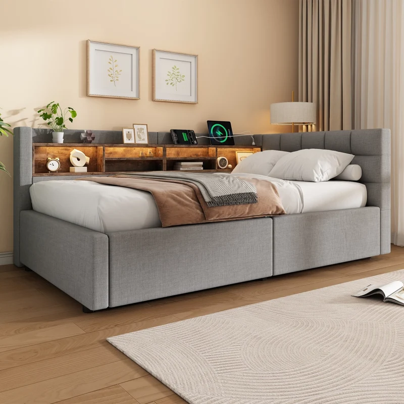 Letto singolo 90x200 cm contenitore con apertura idraulica; LED dimmerabile e mensole; grigio