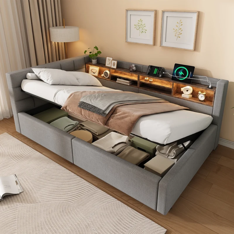 Letto singolo 90x200 cm contenitore con apertura idraulica; LED dimmerabile e mensole; grigio
