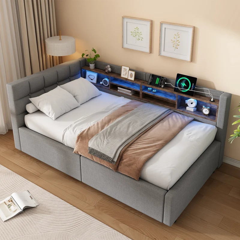 Letto singolo 90x200 cm contenitore con apertura idraulica; LED dimmerabile e mensole; grigio