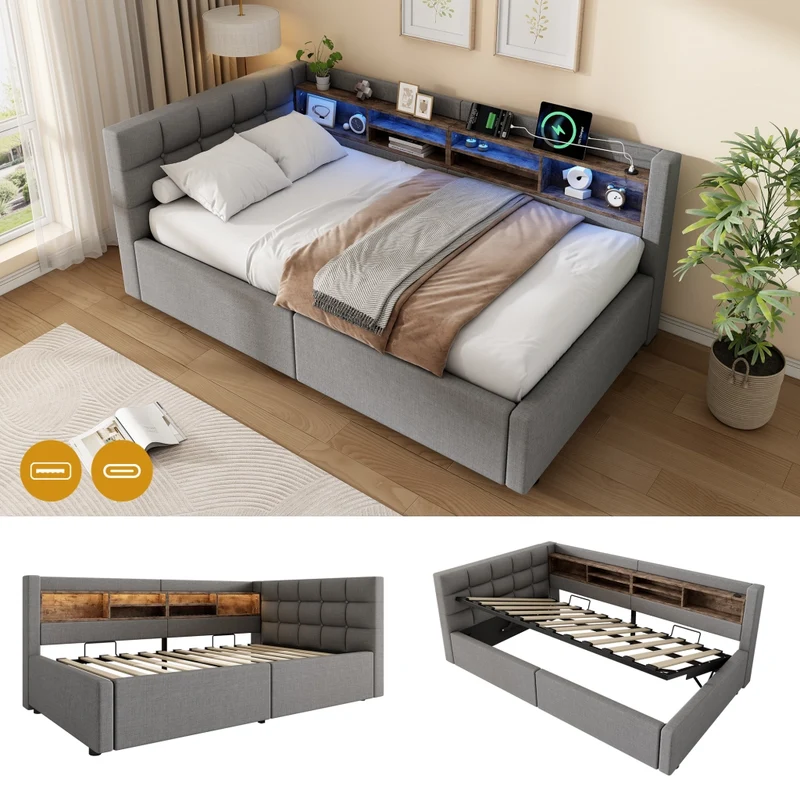 Letto singolo 90x200 cm contenitore con apertura idraulica; LED dimmerabile e mensole; grigio
