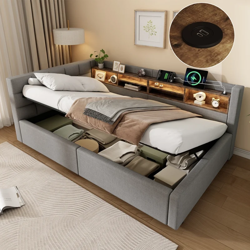 Letto singolo 90x200 cm contenitore con apertura idraulica; LED dimmerabile e mensole; grigio