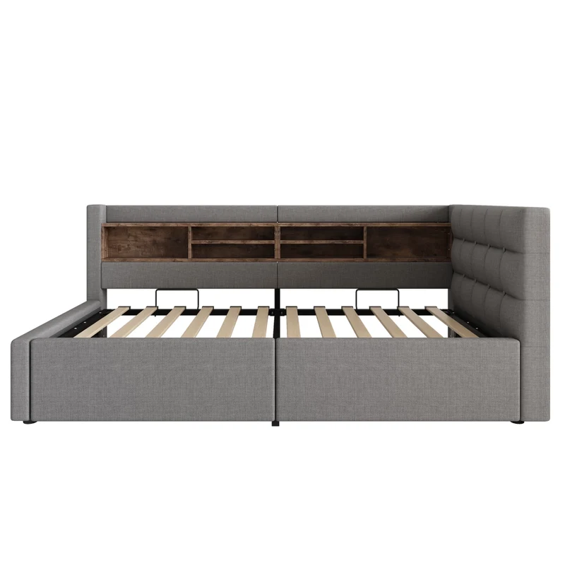 Letto singolo 90x200 cm contenitore con apertura idraulica; LED dimmerabile e mensole; grigio