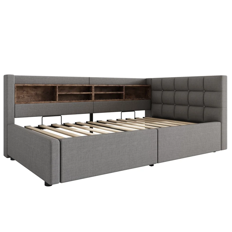 Letto singolo 90x200 cm contenitore con apertura idraulica; LED dimmerabile e mensole; grigio