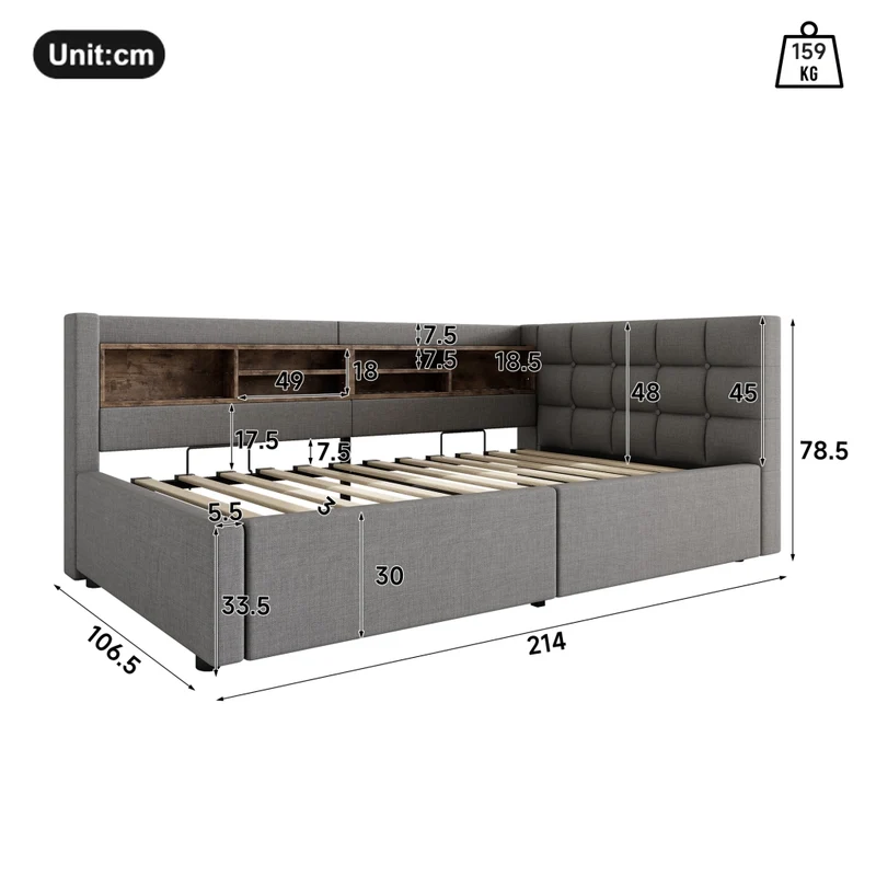 Letto singolo 90x200 cm contenitore con apertura idraulica; LED dimmerabile e mensole; grigio