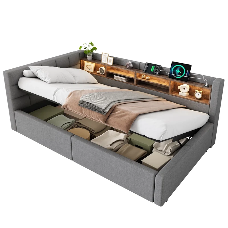 Letto singolo 90x200 cm contenitore con apertura idraulica; LED dimmerabile e mensole; grigio