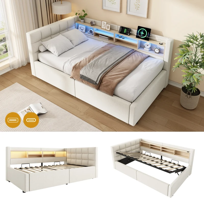 Letto singolo 90x200 cm contenitore con apertura idraulica; LED dimmerabile; mensole e USB; beige senza materasso