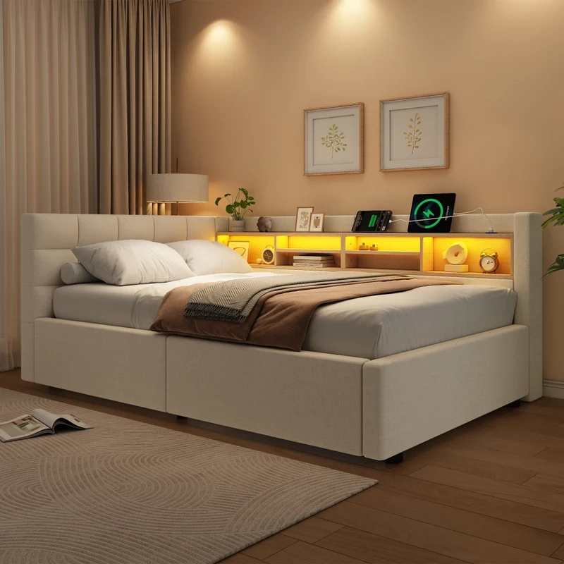 Letto singolo 90x200 cm contenitore con apertura idraulica; LED dimmerabile; mensole e USB; beige senza materasso