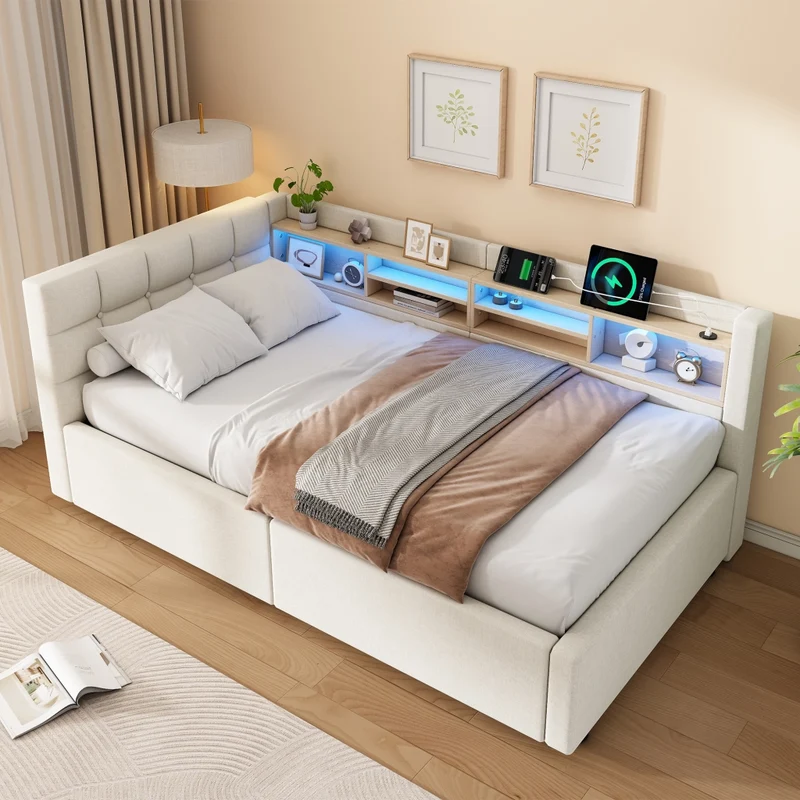 Letto singolo 90x200 cm contenitore con apertura idraulica; LED dimmerabile; mensole e USB; beige senza materasso