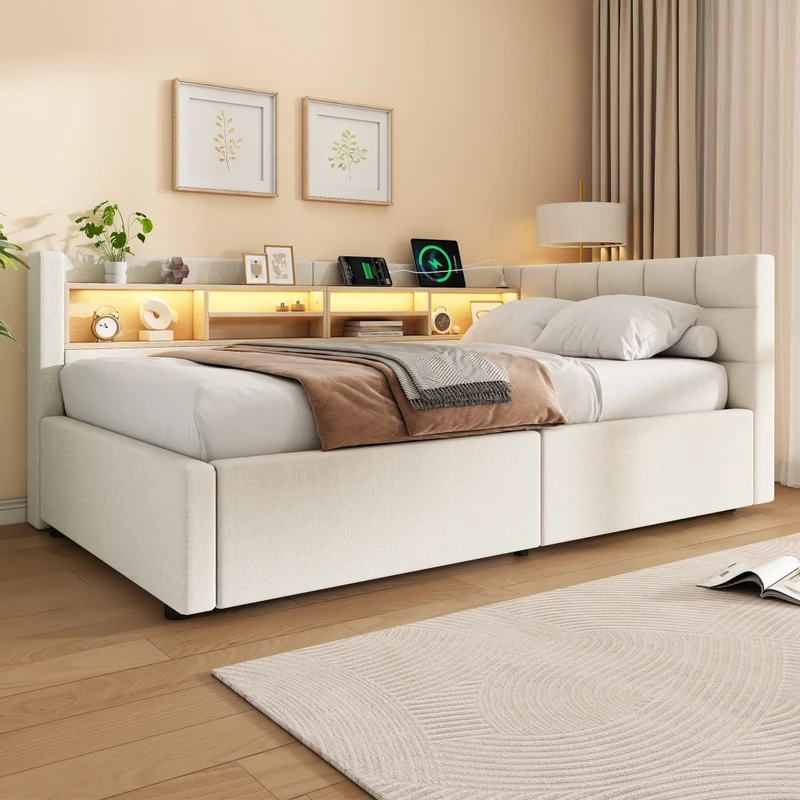 Letto singolo 90x200 cm contenitore con apertura idraulica; LED dimmerabile; mensole e USB; beige senza materasso