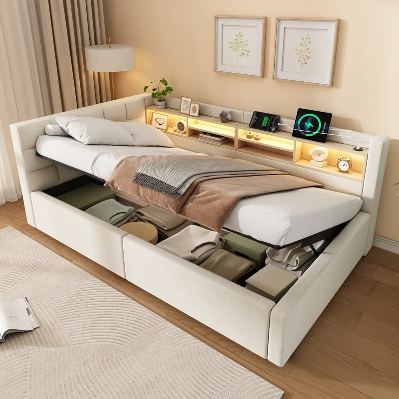 Letto singolo 90x200 cm contenitore con apertura idraulica; LED dimmerabile; mensole e USB; beige senza materasso