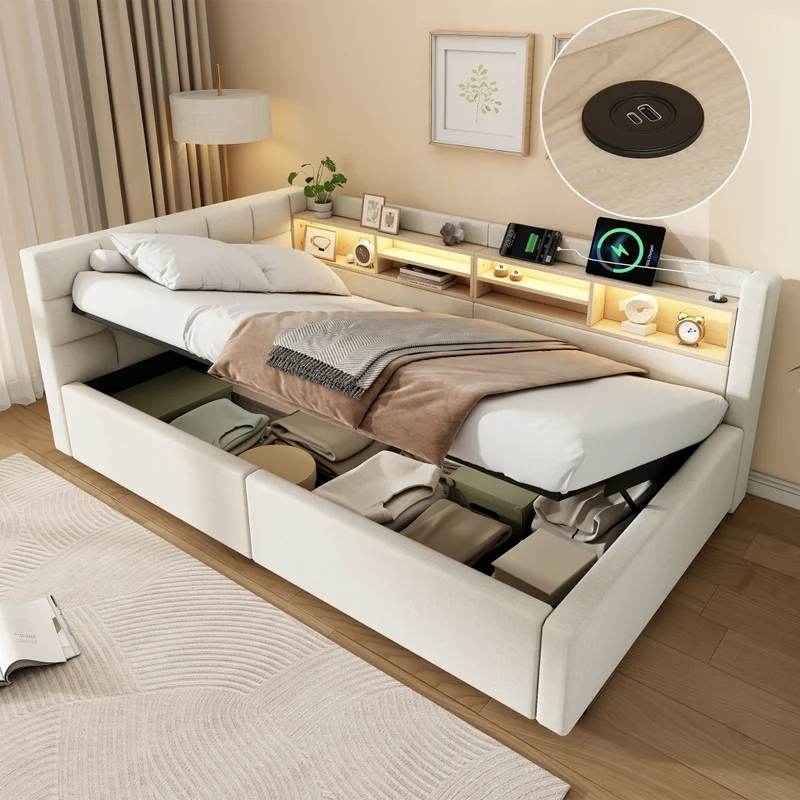 Letto singolo 90x200 cm contenitore con apertura idraulica; LED dimmerabile; mensole e USB; beige senza materasso