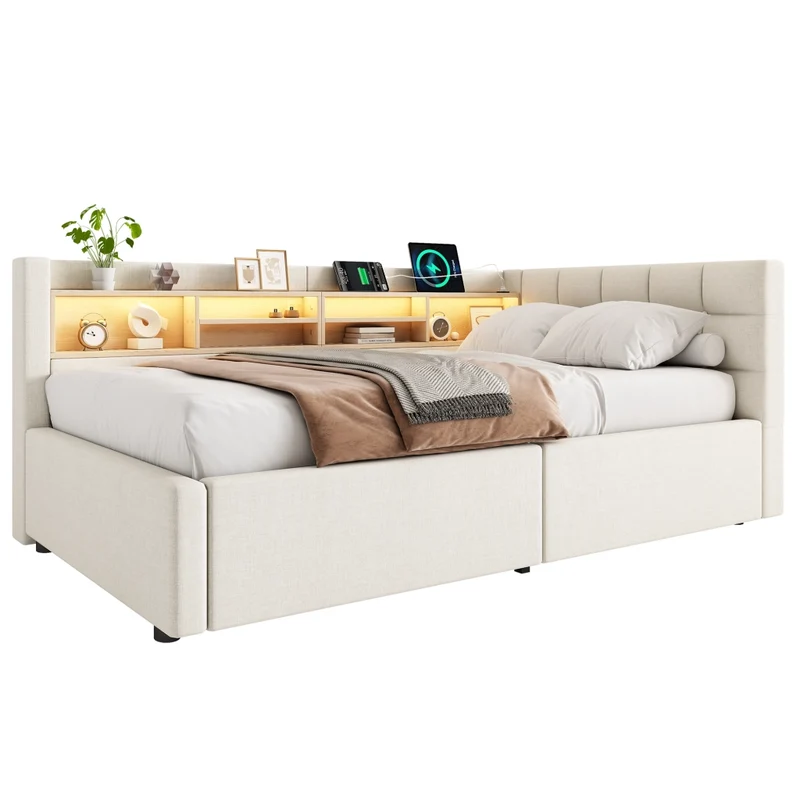 Letto singolo 90x200 cm contenitore con apertura idraulica; LED dimmerabile; mensole e USB; beige senza materasso