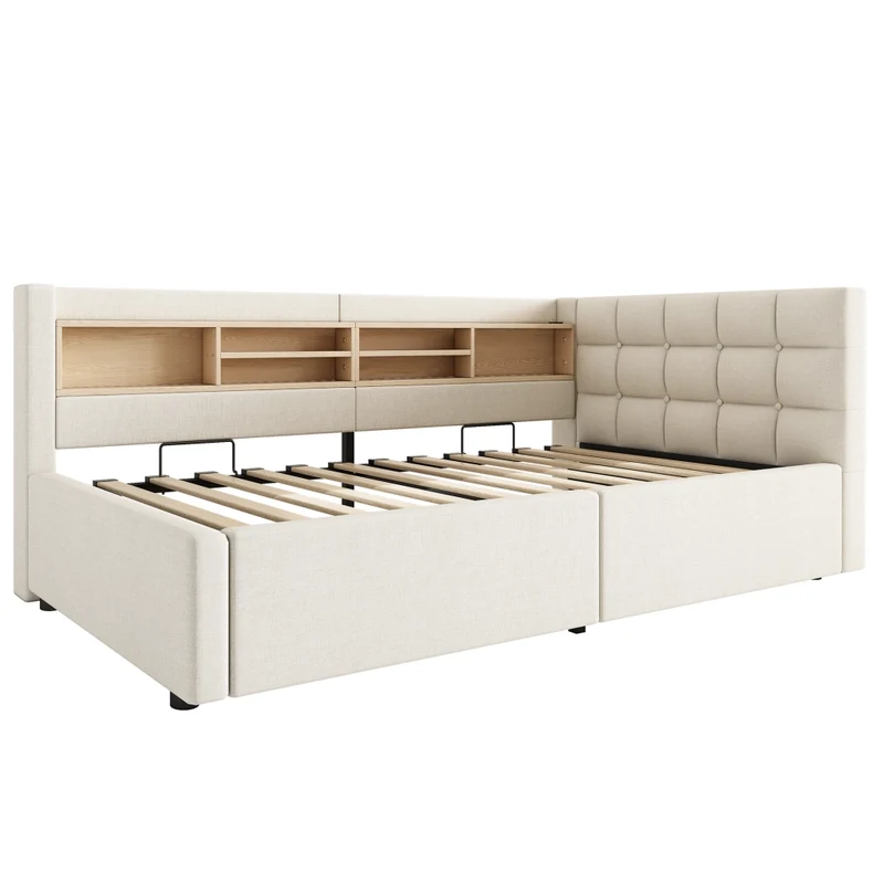 Letto singolo 90x200 cm contenitore con apertura idraulica; LED dimmerabile; mensole e USB; beige senza materasso