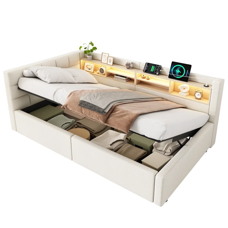 Letto singolo 90x200 cm contenitore con apertura idraulica; LED dimmerabile; mensole e USB; beige senza materasso