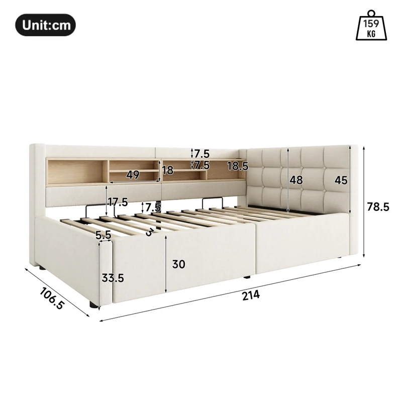 Letto singolo 90x200 cm contenitore con apertura idraulica; LED dimmerabile; mensole e USB; beige senza materasso
