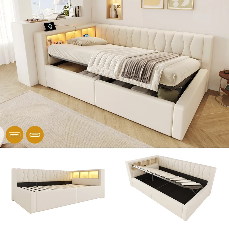 Letto singolo 90x200 cm beige con contenitore idraulico; LED dimmerabile e mensole