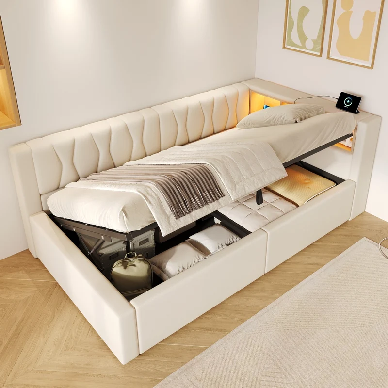 Letto singolo 90x200 cm beige con contenitore idraulico; LED dimmerabile e mensole