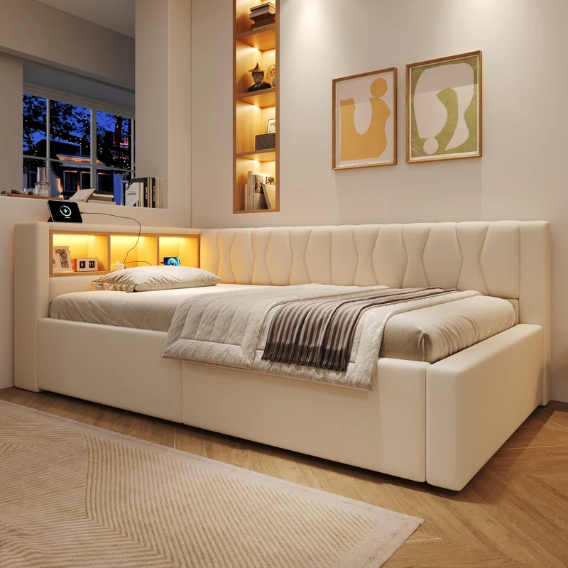 Letto singolo 90x200 cm beige con contenitore idraulico; LED dimmerabile e mensole